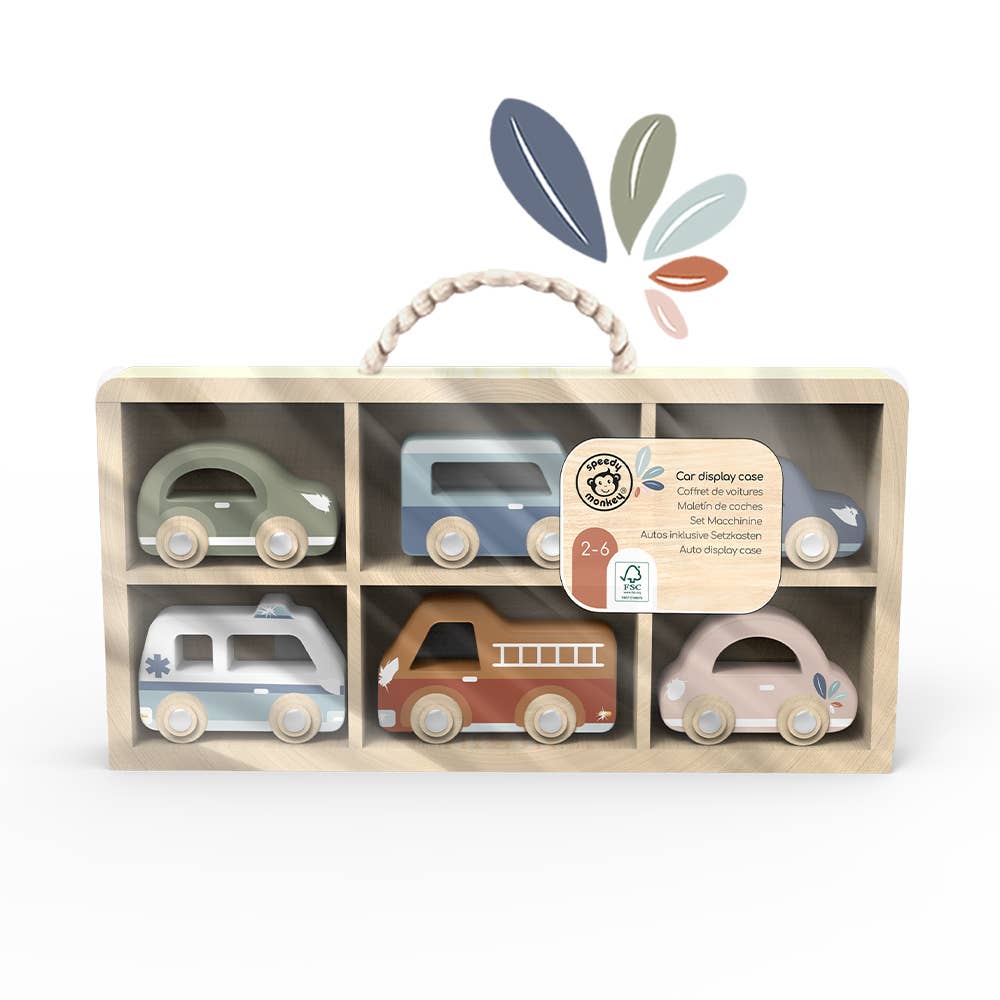 Wooden Car Display Case with 6 Vehicles
