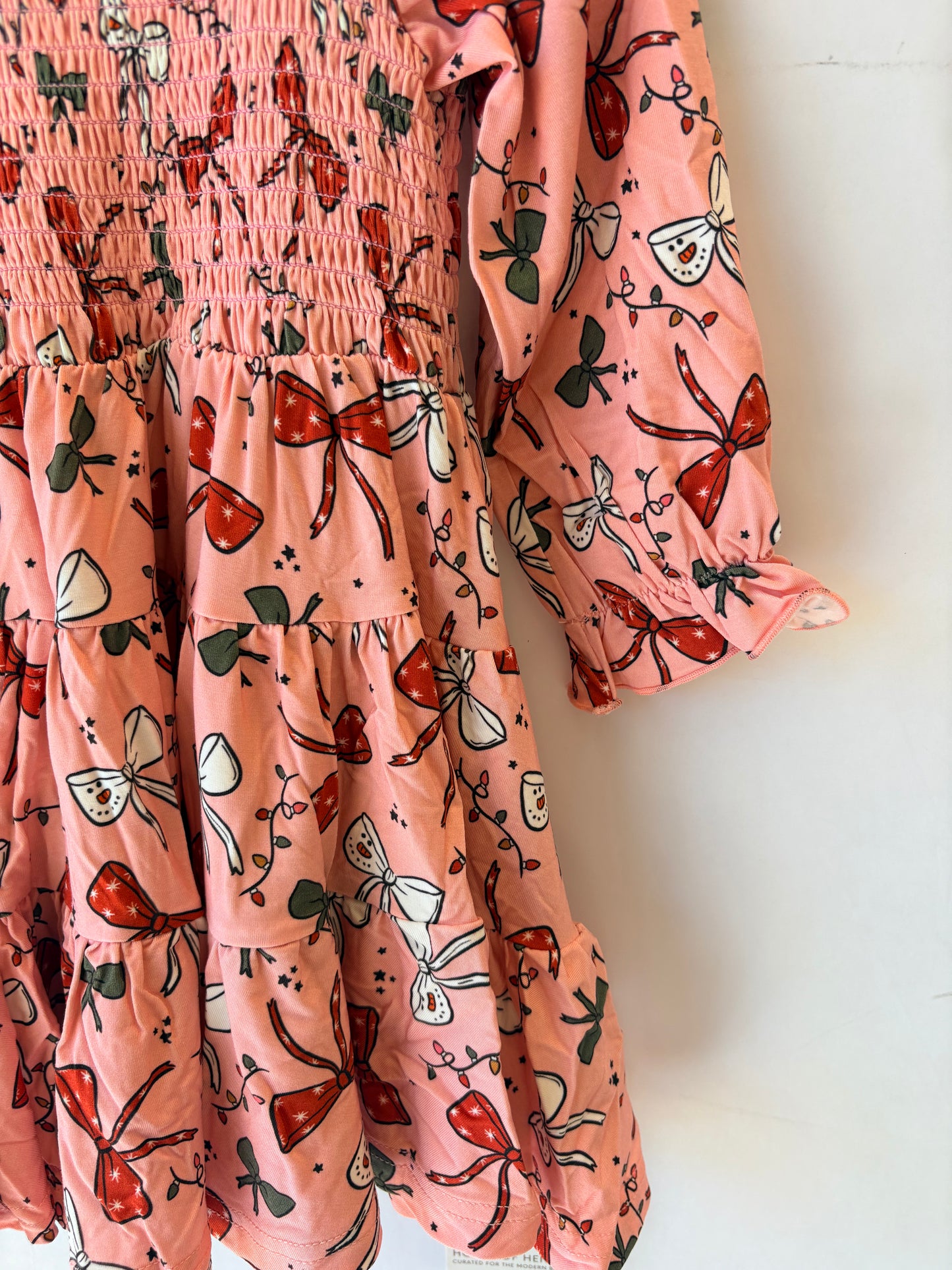 Holiday Bows Shirred Long Sleeve Dress