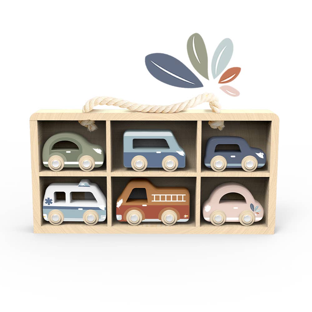 Wooden Car Display Case with 6 Vehicles
