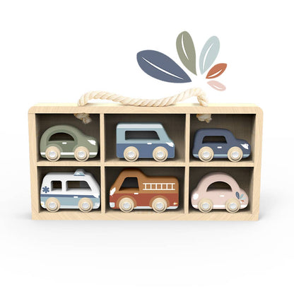 Wooden Car Display Case with 6 Vehicles