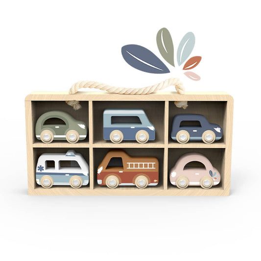 Wooden Car Display Case with 6 Vehicles