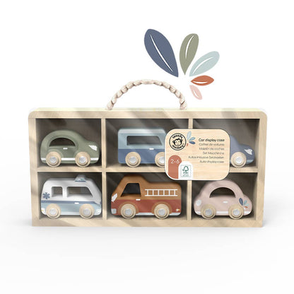 Wooden Car Display Case with 6 Vehicles