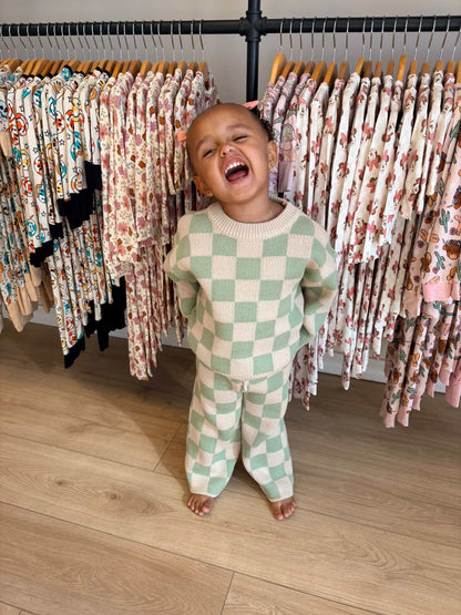 Cream and Green Check Knit 2 Piece Set