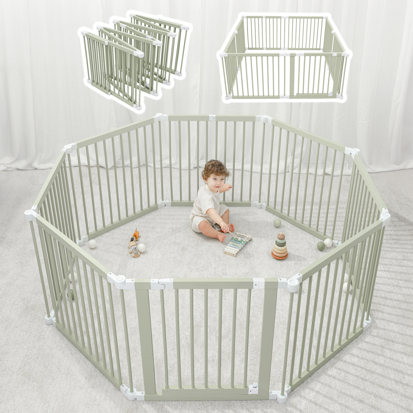 Comfy Cubs Baby Gate Playpen - Natural Pine Wooden Foldable Playpen