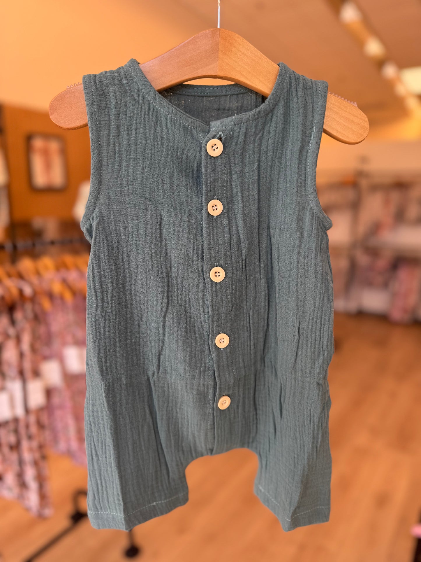 Blue Button Muslin Romper
