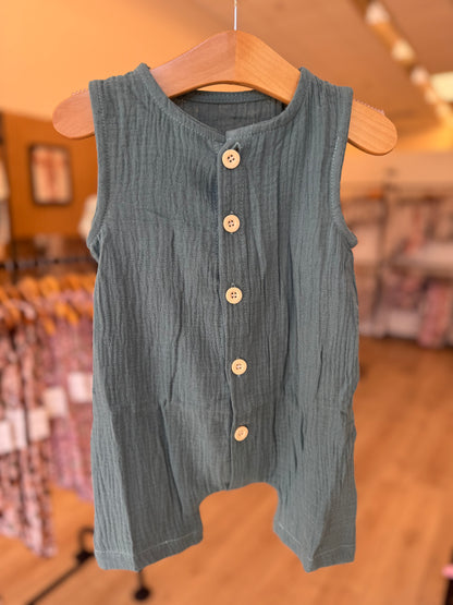 Blue Button Muslin Romper