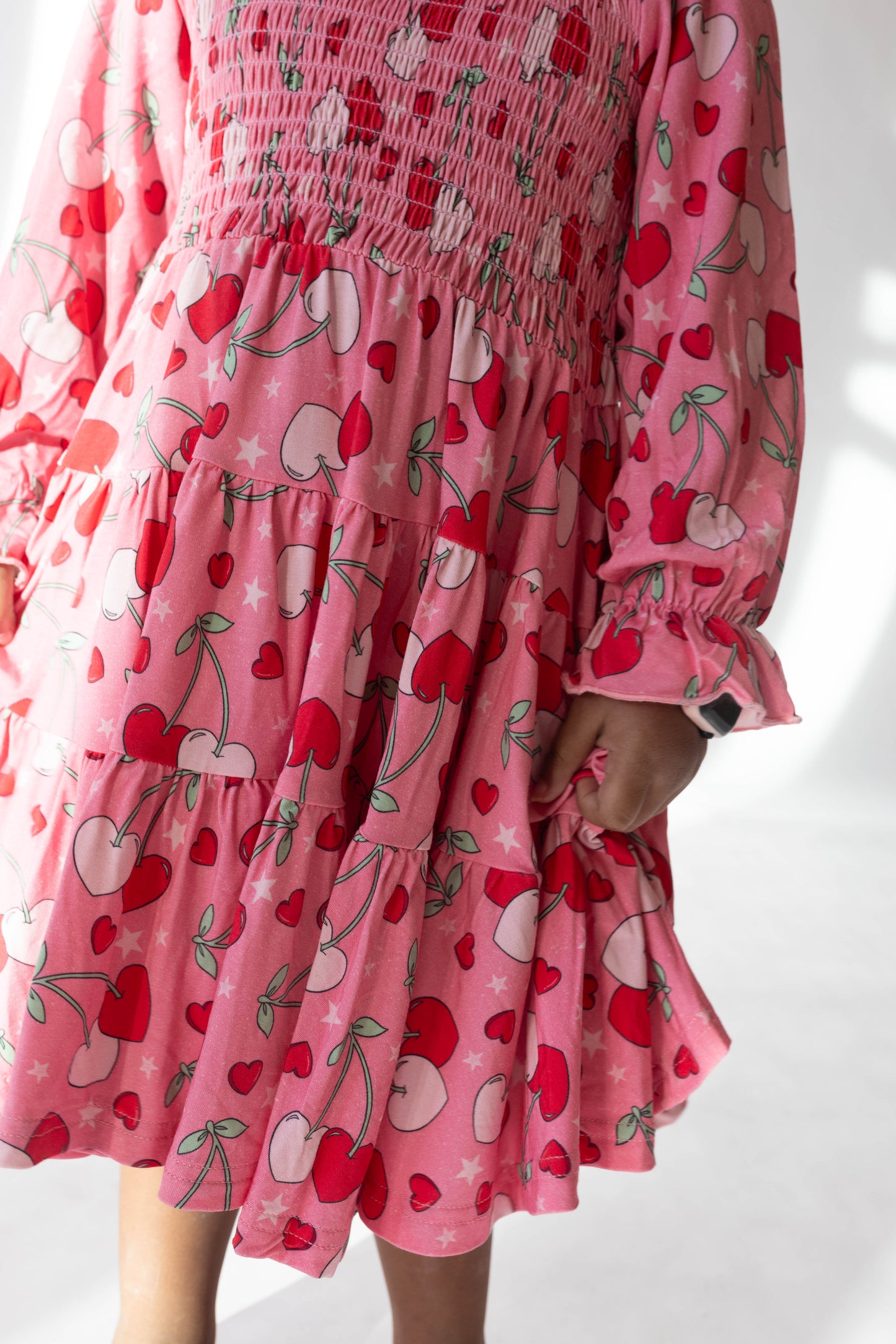 Cherry Hearts Long Sleeved Shirred Dress