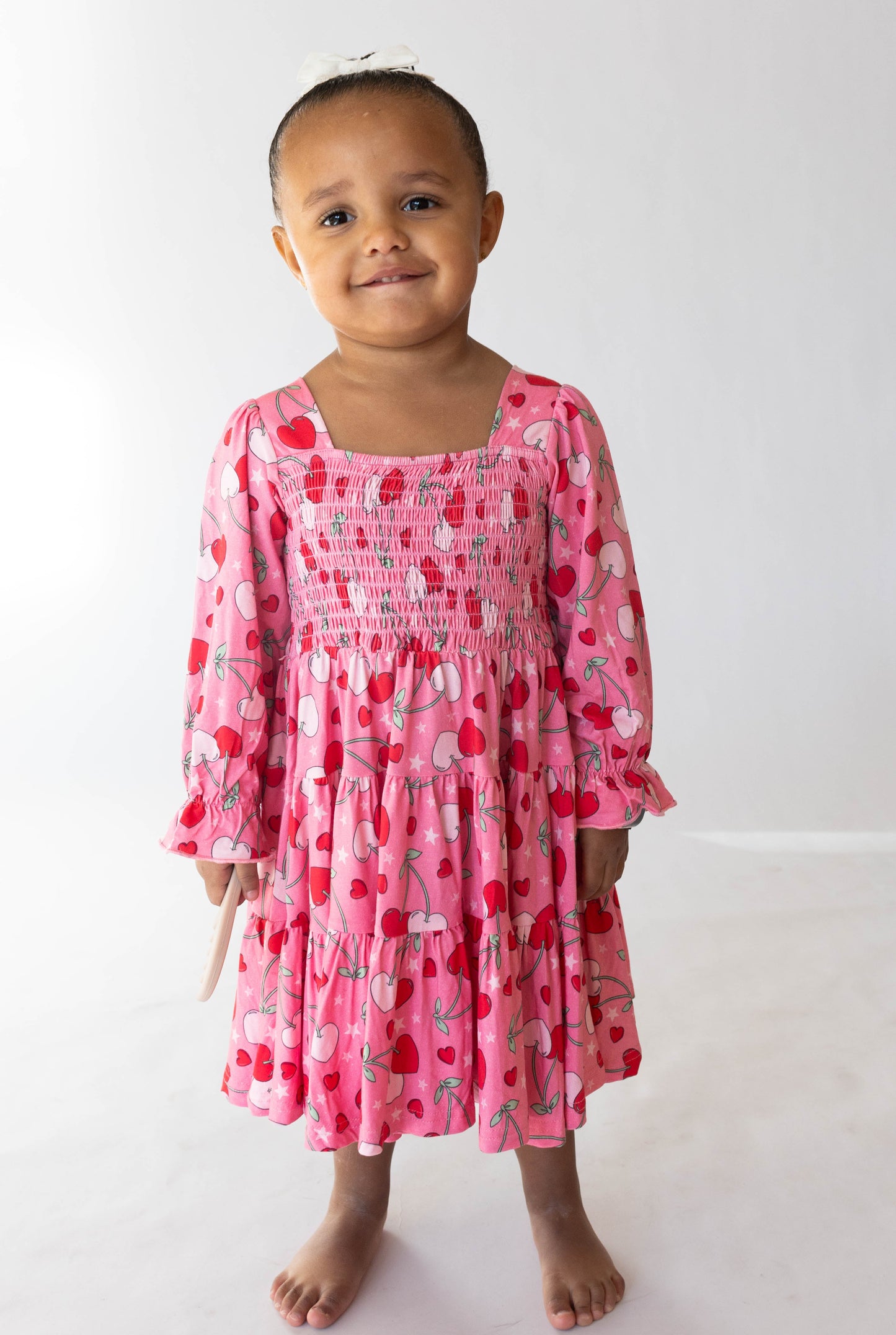 Cherry Hearts Long Sleeved Shirred Dress