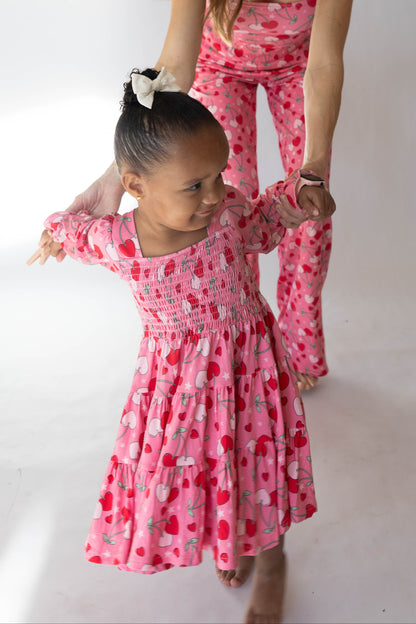 Cherry Hearts Long Sleeved Shirred Dress