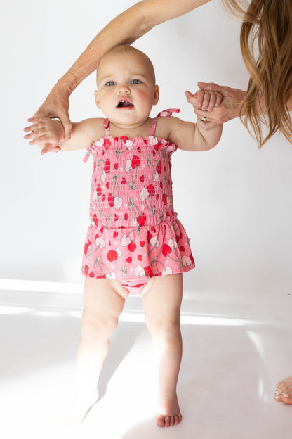Cherry Hearts Shirred Dress Romper