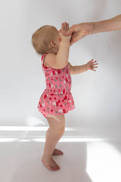 Cherry Hearts Shirred Dress Romper