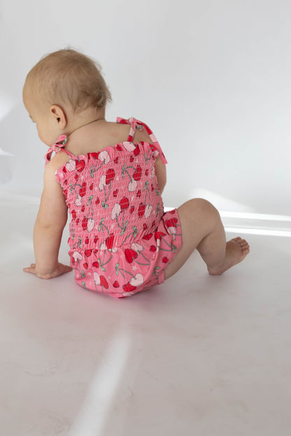 Cherry Hearts Shirred Dress Romper