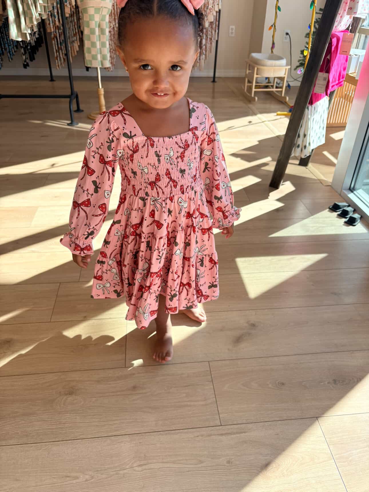 Holiday Bows Shirred Long Sleeve Dress