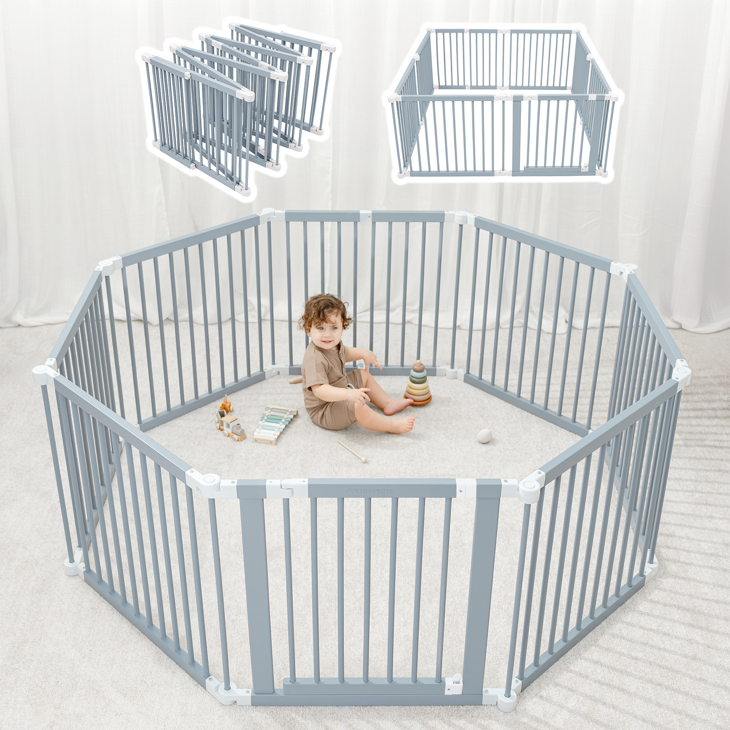 Comfy Cubs Baby Gate Playpen - Natural Pine Wooden Foldable Playpen