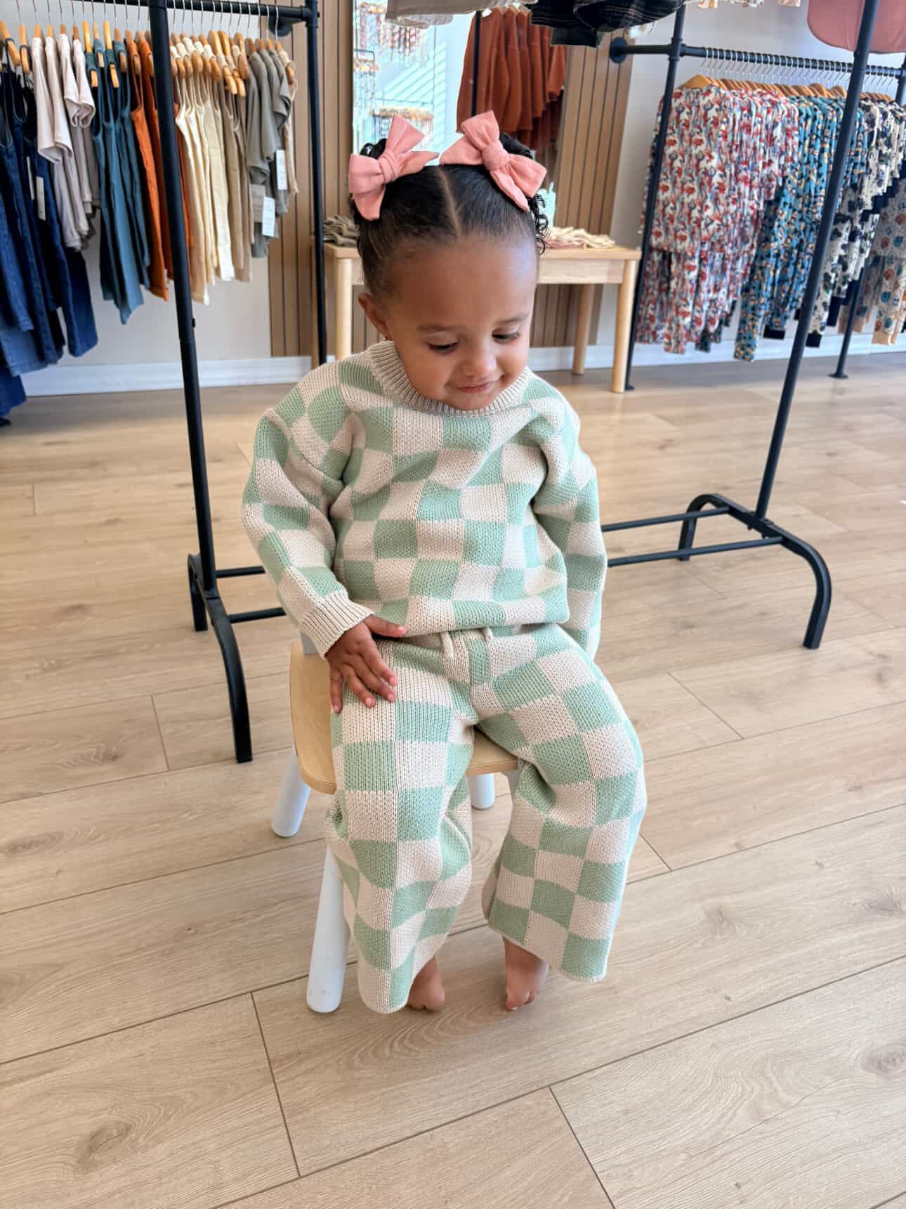 Cream and Green Check Knit 2 Piece Set