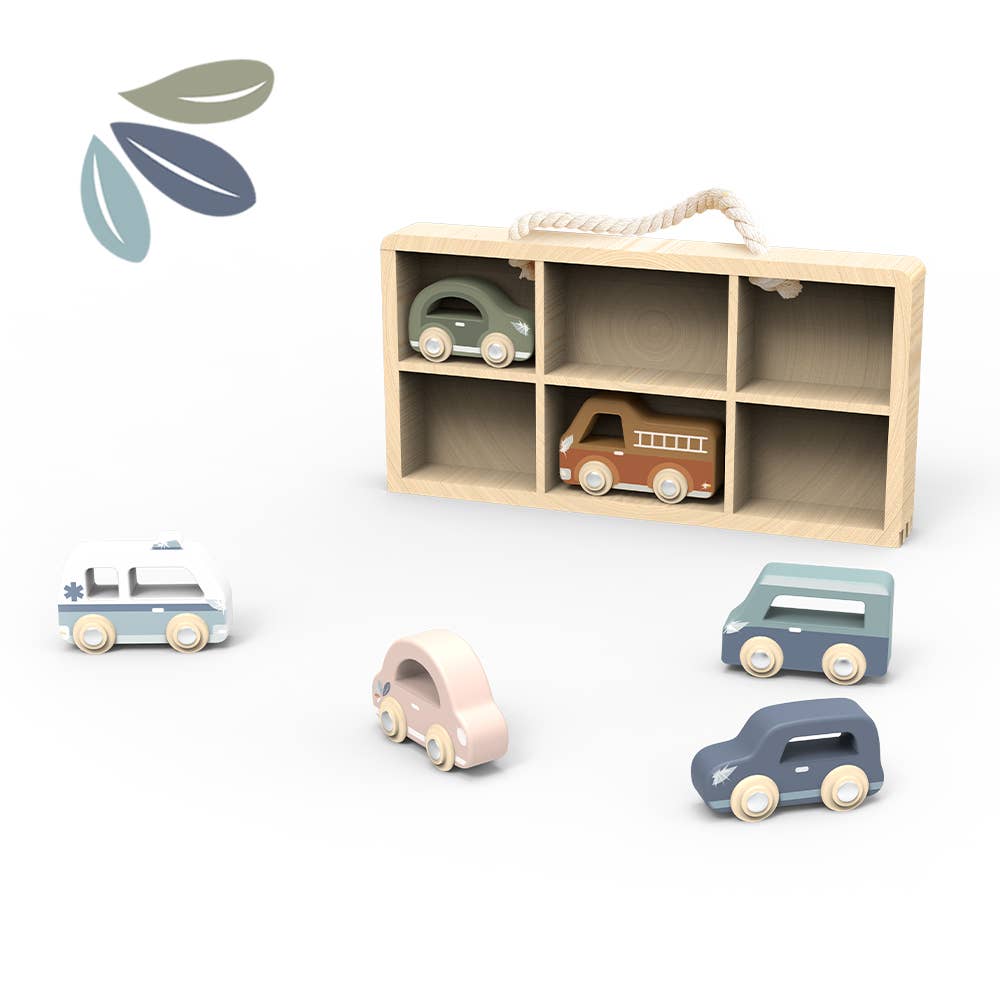 Wooden Car Display Case with 6 Vehicles