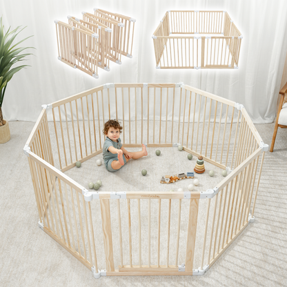 Comfy Cubs Baby Gate Playpen - Natural Pine Wooden Foldable Playpen