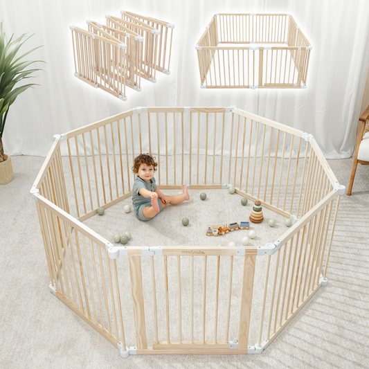 Comfy Cubs Baby Gate Playpen - Natural Pine Wooden Foldable Playpen