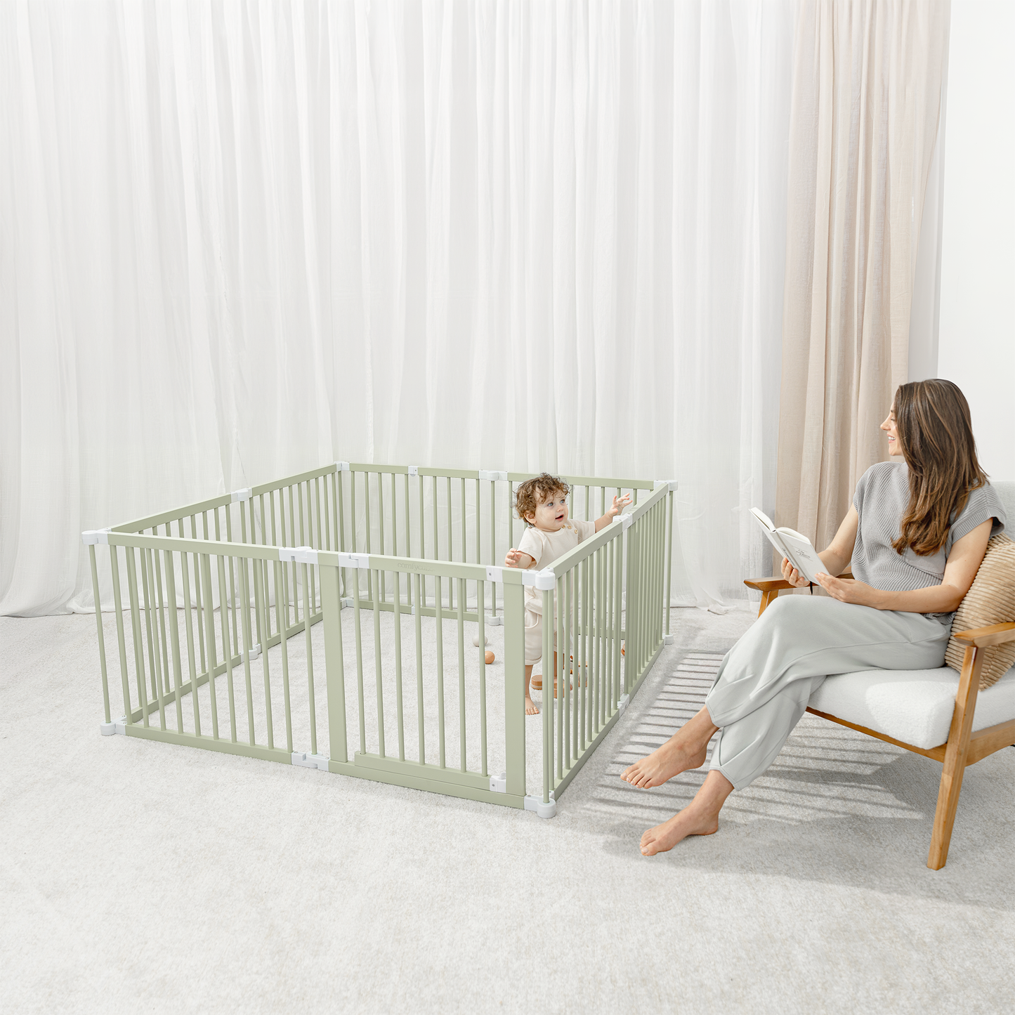 Comfy Cubs Baby Gate Playpen - Natural Pine Wooden Foldable Playpen