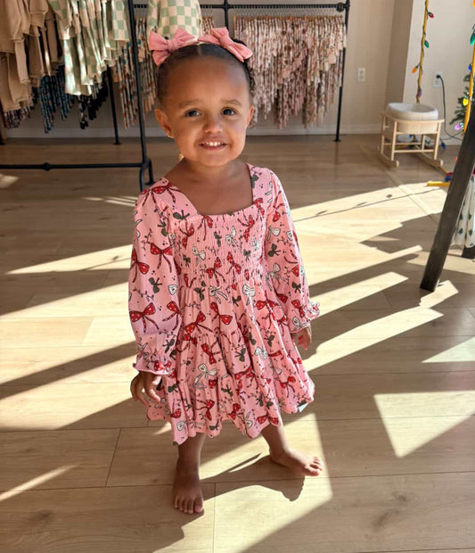 Holiday Bows Shirred Long Sleeve Dress