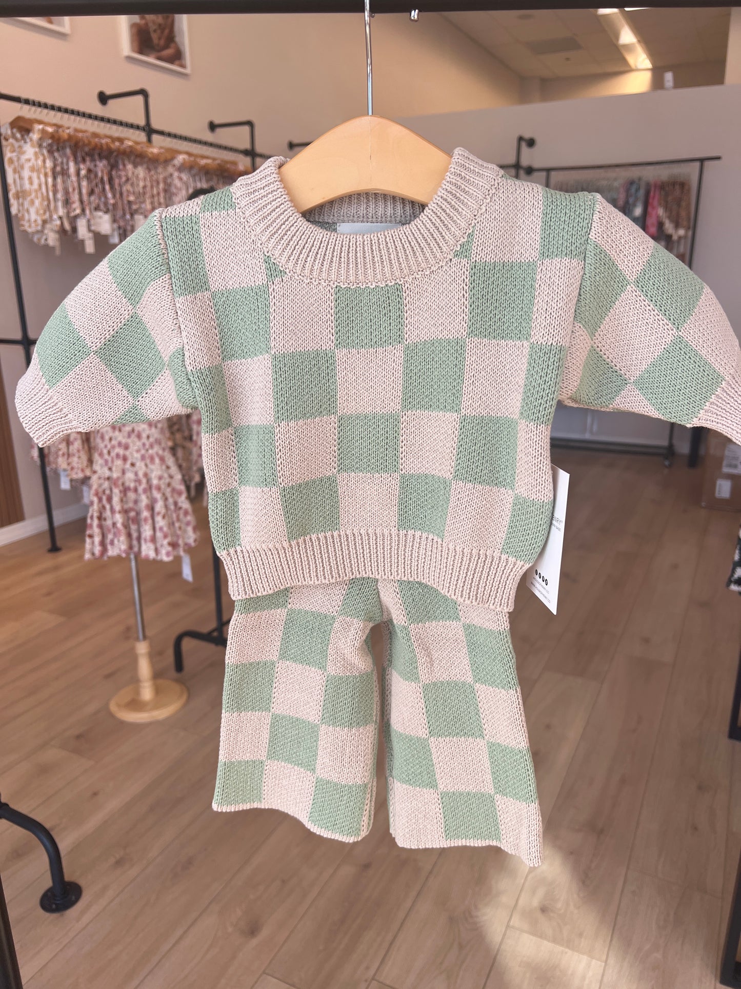 Cream and Green Check Knit 2 Piece Set