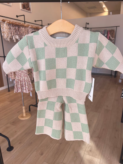 Cream and Green Check Knit 2 Piece Set
