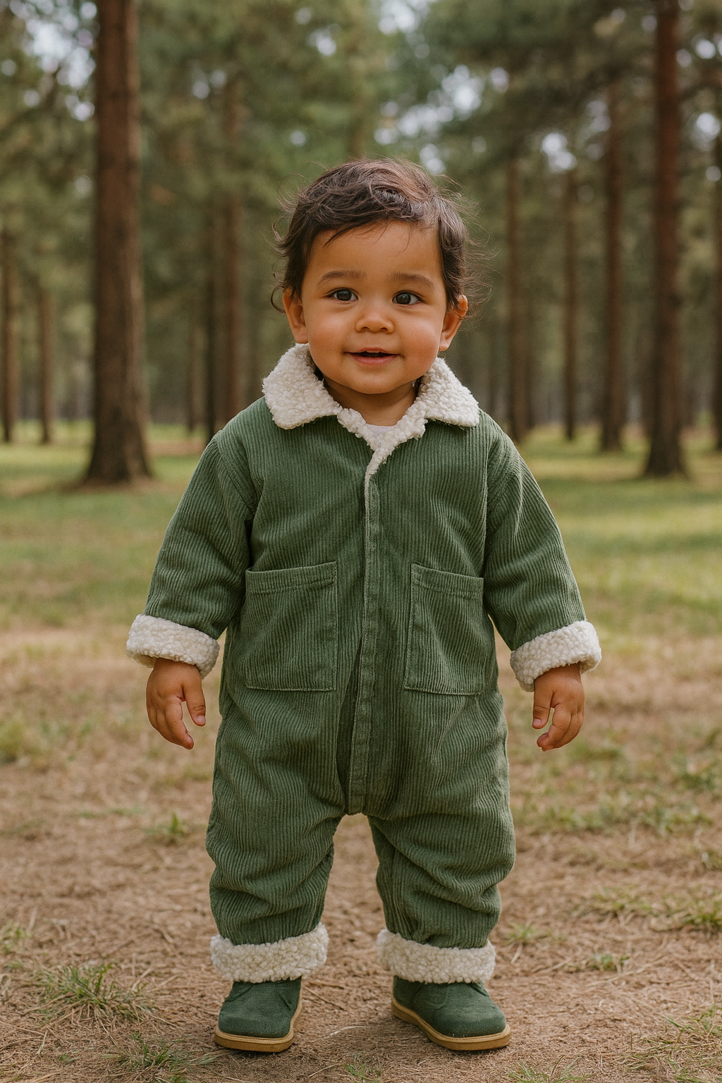 Corduroy Sherpa Lined Jumpsuit - Pine Green