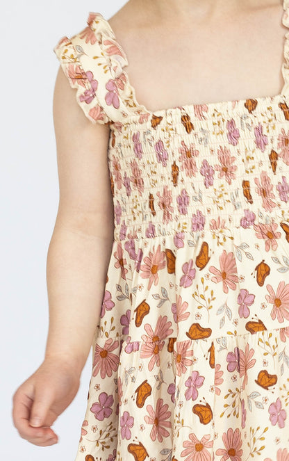 Floral Butterfly Shirred Dress