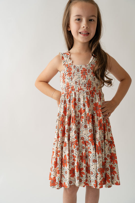 Festive Floral Shirred Dress
