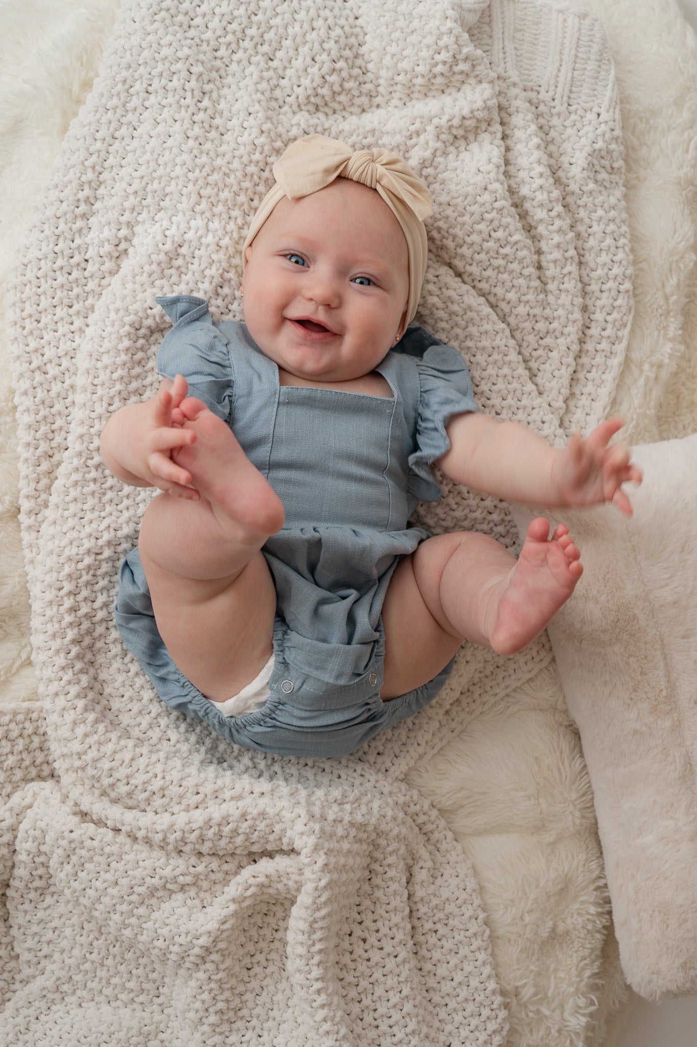 Blue Ruffle Linen Bubble Romper