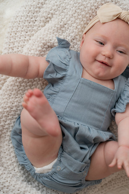 Blue Ruffle Linen Bubble Romper