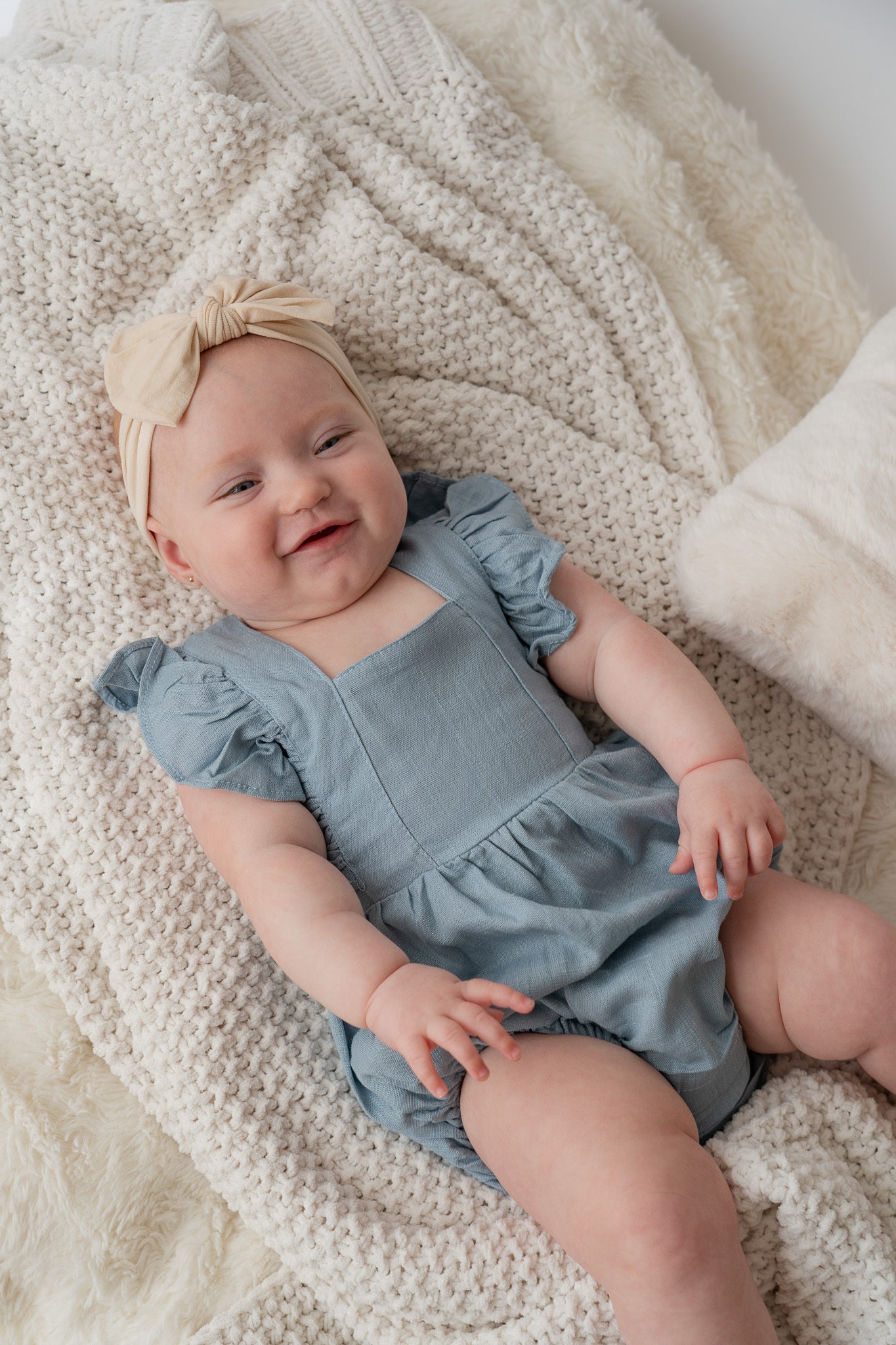Blue Ruffle Linen Bubble Romper