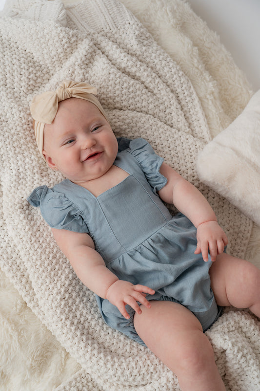 Blue Ruffle Linen Bubble Romper