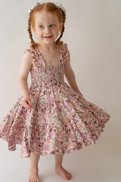 Pink Dino Shirred Dress