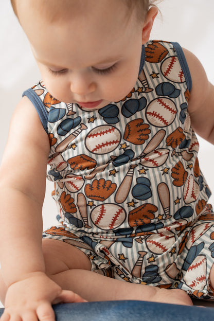Blue Baseball Shorty Tank Romper