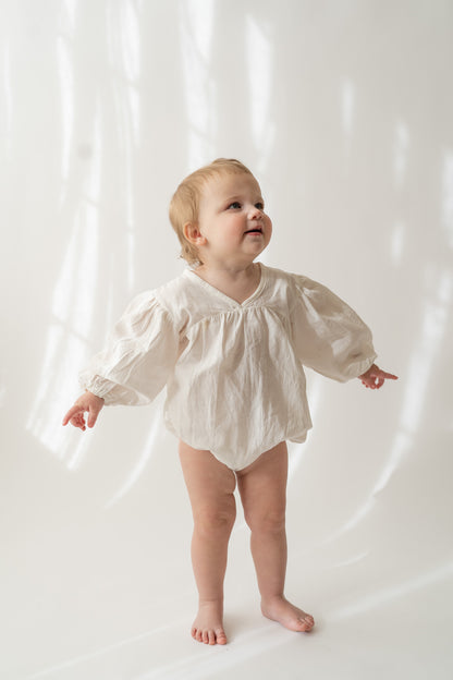 White Long Sleeve Cotton Bubble Romper