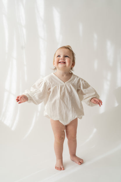 White Long Sleeve Cotton Bubble Romper