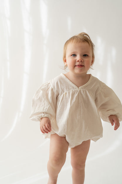 White Long Sleeve Cotton Bubble Romper