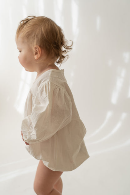 White Long Sleeve Cotton Bubble Romper
