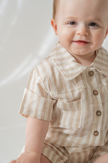 Tan Stripe Button Romper