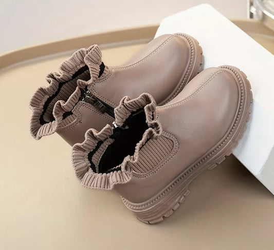 Faux Leather Ruffle Bootie - Taupe