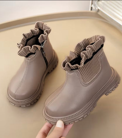 Faux Leather Ruffle Bootie - Taupe