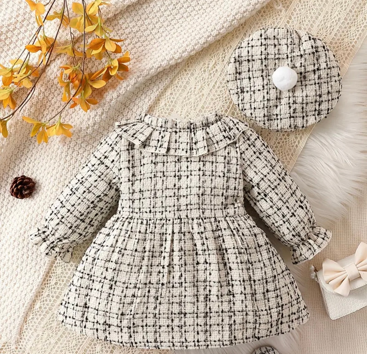 Cream & White Tweed Dress + Beret