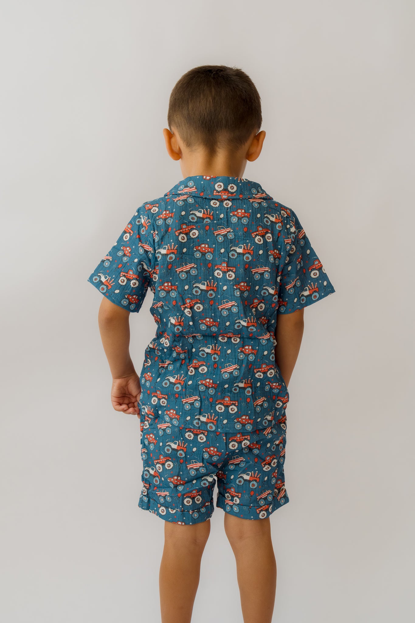Fireworks & Trucks Muslin Button Up + Short Set