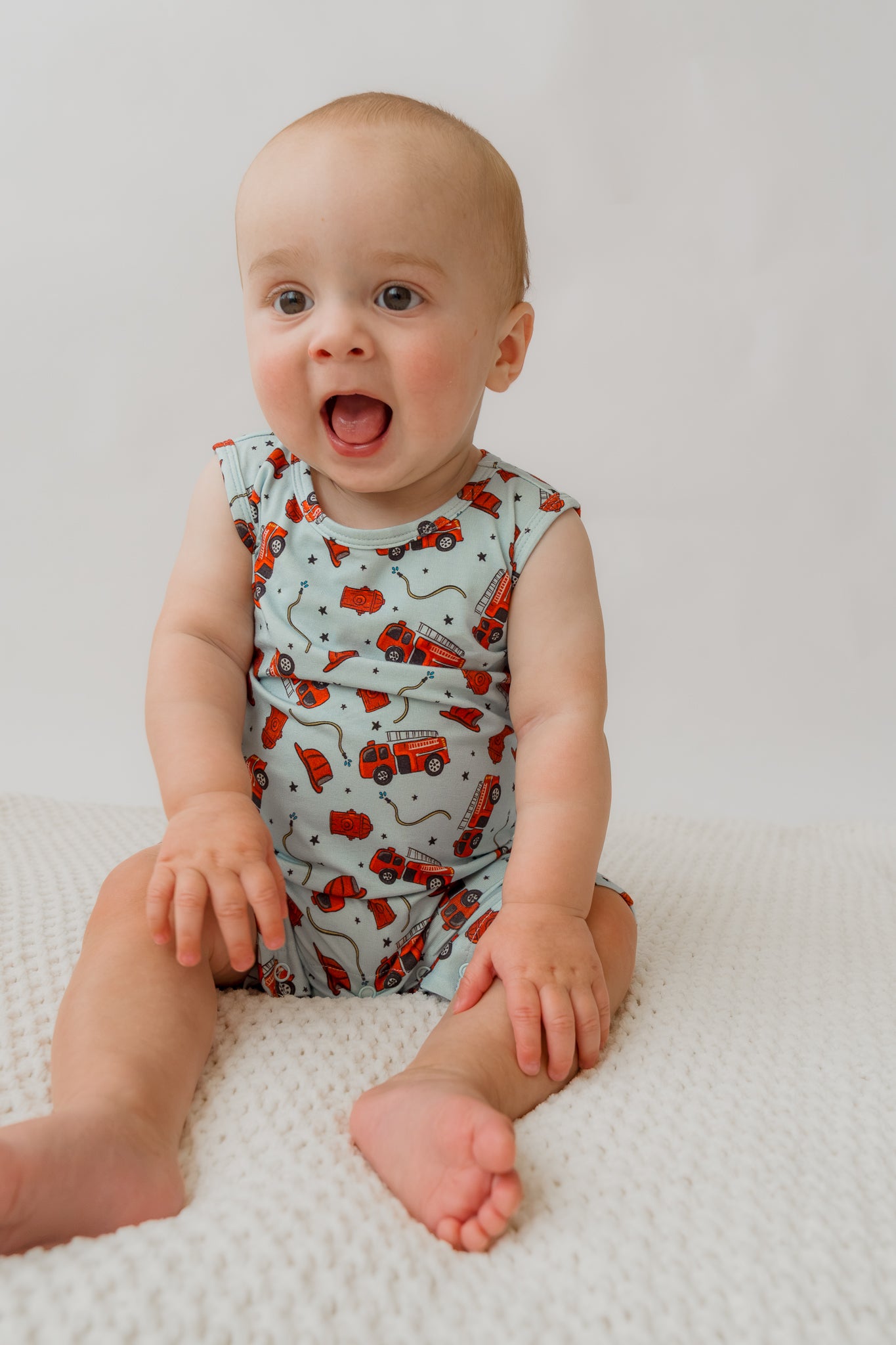 Blue Fire Trucks Shorty Tank Romper