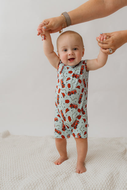 Blue Fire Trucks Shorty Tank Romper