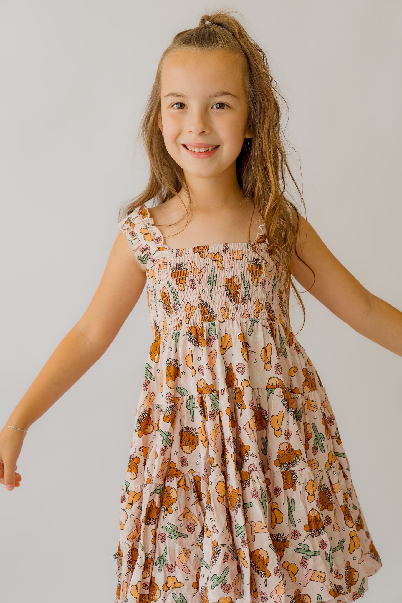 Pink Highland Cow Shirred Dress