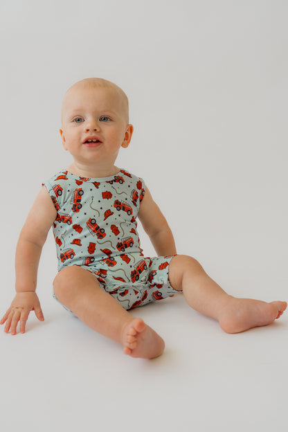 Blue Fire Trucks Shorty Tank Romper