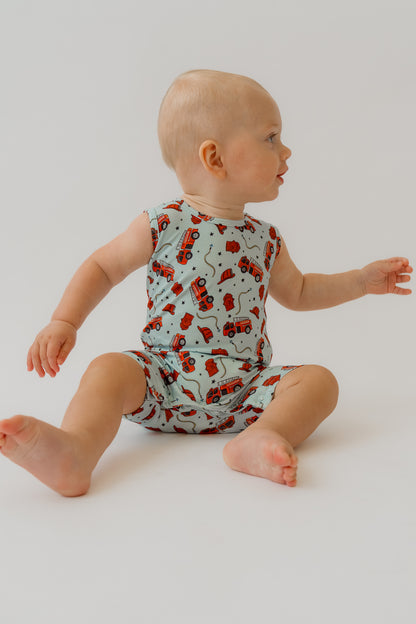 Blue Fire Trucks Shorty Tank Romper