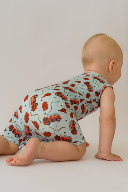 Blue Fire Trucks Shorty Tank Romper